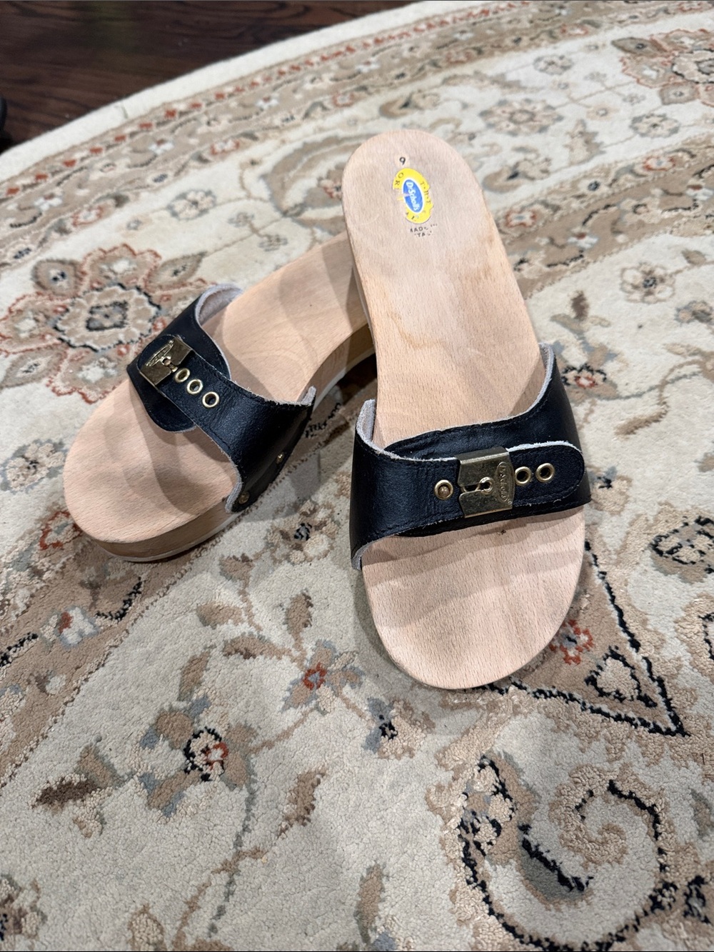 Dr. Scholl's Black Leather Slide Clogs with Brass Hardware
